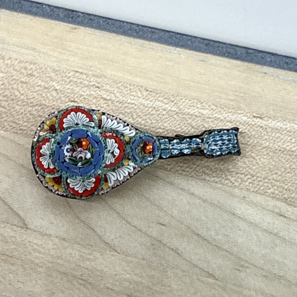 Vintage Micro Mosaic Brooch In The Shape of A Mandolin Italy 40s 50s Fashion Pin